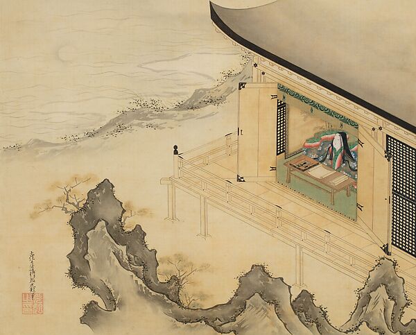 Murasaki Shikibu Gazing at the Moon (Murasaki Shikibu kangetsu zu), Tosa Mitsuoki (Japanese, 1617–1691), Hanging scroll; ink and color on silk, Japan 