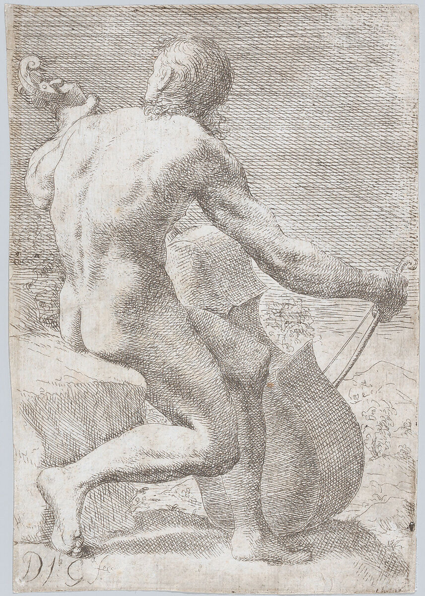 Study from behind of a naked man playing a cello, from "Principios para estudiar el Nobilísimo y Real arte de la Pintura", José García Hidalgo (Spanish, Villena 1645–1717 Madrid), Etching 