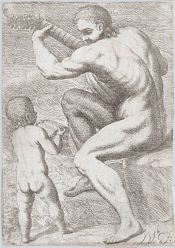 Study of a naked man playing a vihuela, a child holding a sheet of music at the left, from 