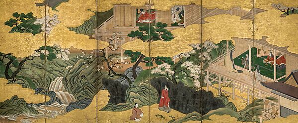 Little Purple Gromwell (Wakamurasaki), and A Boat Cast Adrift (Ukifune) Chapters from The Tale of Genji, Kano School (Japanese, 1477–1559), Pair of six panel folding screens; ink, color, and gold on paper, Japan 