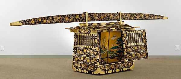 Bridal Palanquin (Onna norimono) with Arabesque Foliage, Wild Ginger Leaves, and Family Crests (Owned by Princess Atsu-hime), Lacquered wood with gold and silver hiramaki-e; gilt and silvered copper fittings; interior paintings: ink, color, and gold on paper; blinds: bamboo and silk; window screens: silk, Japan 