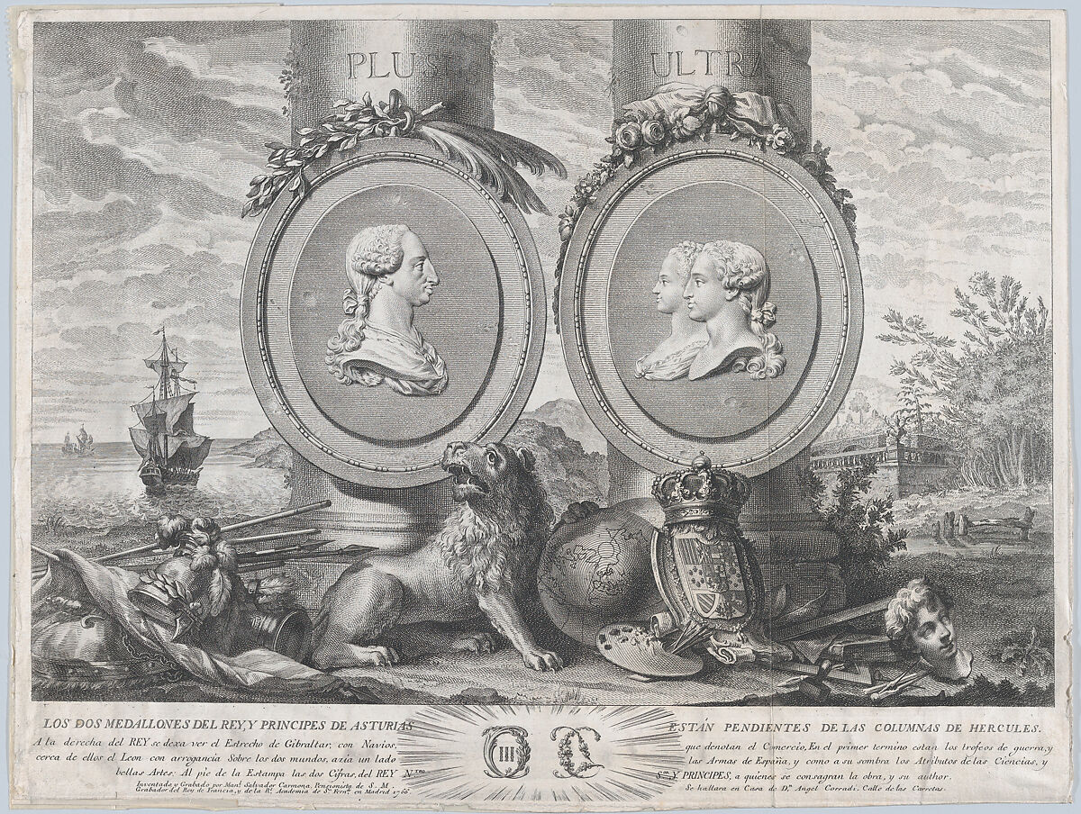 Two bust portraits of Carlos III at left and Carlos IV and Maria Louisa at right in roundels fixed to the columns of Hercules set within a landscape, Manuel Salvador Carmona (Spanish, 1734–1820), Etching and engraving 