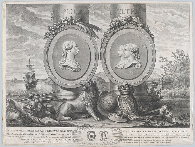 Two bust portraits of Carlos III at left and Carlos IV and Maria Louisa at right in roundels fixed to the columns of Hercules set within a landscape