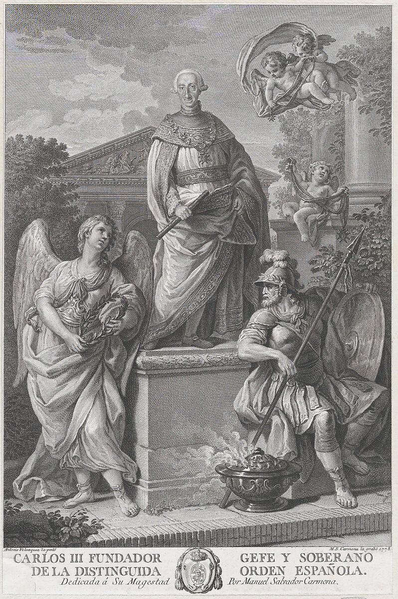 Allegorical portrait of Carlos III standing on a pedestal flanked by figures (War and Peace?), Manuel Salvador Carmona (Spanish, 1734–1820), Engraving 