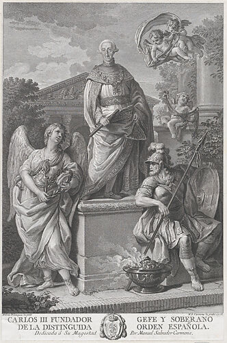 Allegorical portrait of Carlos III standing on a pedestal flanked by figures (War and Peace?)