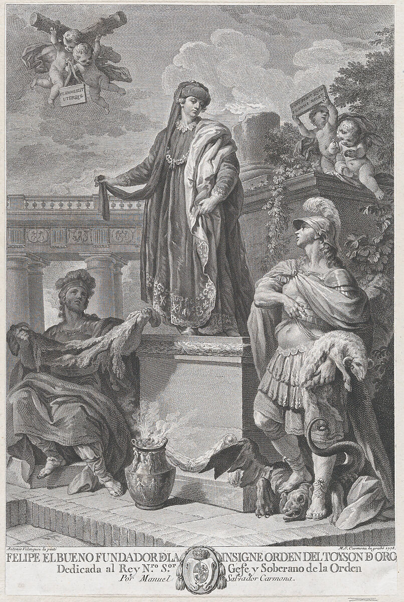 Allegorical portrait of Felipe el Bueno (Philip the Good Duke of Burgundy) founder of the Order of the Golden Fleece, Manuel Salvador Carmona (Spanish, 1734–1820), Engraving 