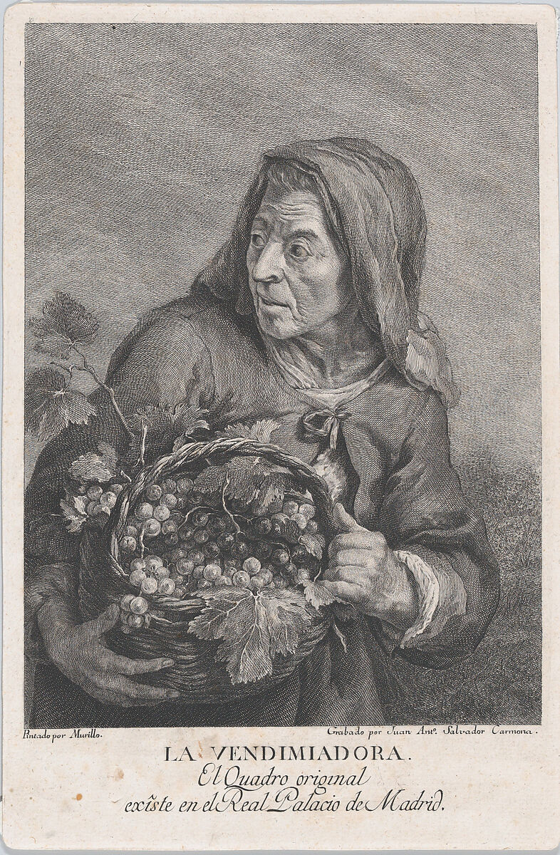 The grape-picker, and elderly woman holding a basket of grapes, after Murillo, Juan Antonio Salvador Carmona (Spanish, Nava del Rey 1740–1805 Madrid), Engraving 