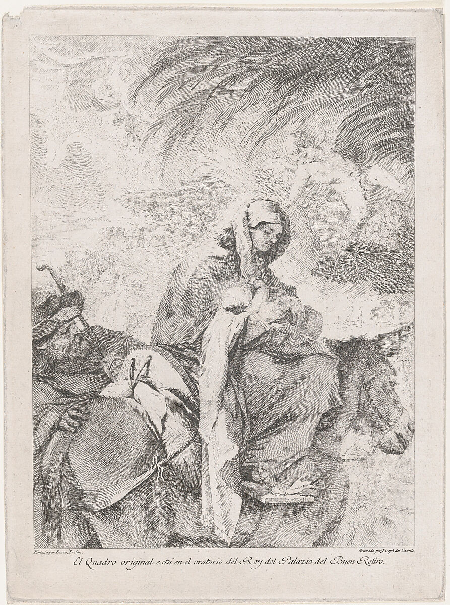 The flight into Egypt, the Virgin and Child on a donkey, Joseph to the left, after Luca Giordano, José del Castillo (Spanish, Madrid 1737–1793 Madrid), Etching 