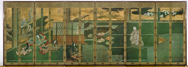 “First Song of Spring” (Hatsune) and “Early Spring Greens: Part 1” (Wakana jō), Tosa Mitsuoki (Japanese, 1617–1691), Pair of six-panel folding screens; ink, color, and gold on paper; silk fabric strips, Japan 