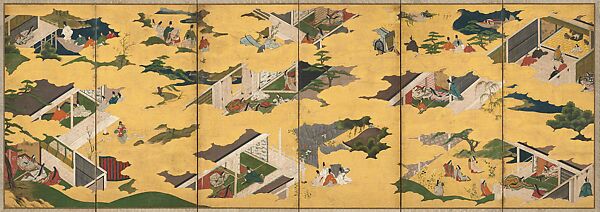 Nine Scenes from The Tale of Genji and An Aviary (Genji monogatari zu byōbu; Toriya zu byōbu), Tosa School, Pair of six-panel folding screens; ink, color, and gold on paper, Japan 