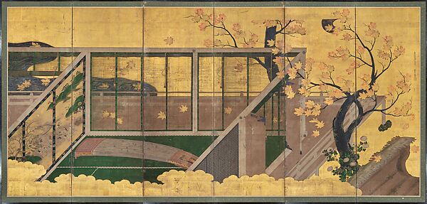 “Broom Cypress” (Hahakigi), Six-panel folding screen; ink, color, gold, and gold leaf on paper, Japan 