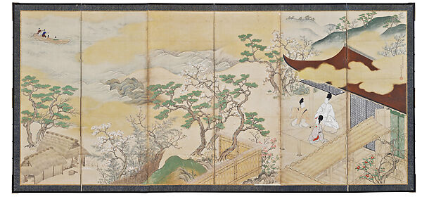 "Exile to Suma" (Suma) and "A Boat Cast Adrift" (Ukifune), Pair of six-panel folding screens; ink, color, and gold on paper., Japan 