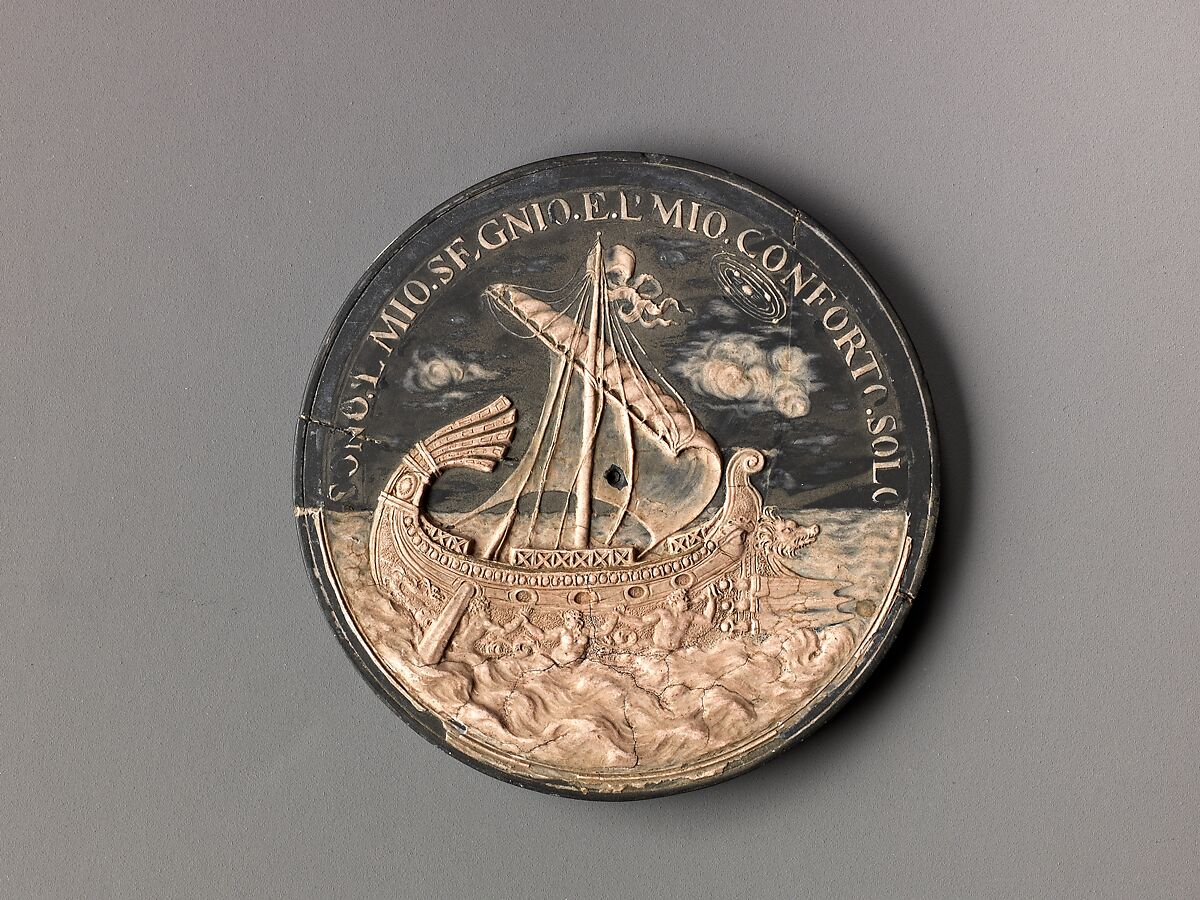 Model for a medal of Francesco Redi; a Ship at Sea, Massimiliano Soldani (Italian, Montevarchi 1656–1740 Montevarchi), Wax on slate. 