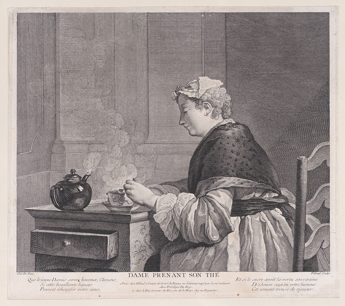 Woman Taking Her Tea, Pierre Filloeul (French, Abbeville 1696–after 1754 Paris), Engraving 