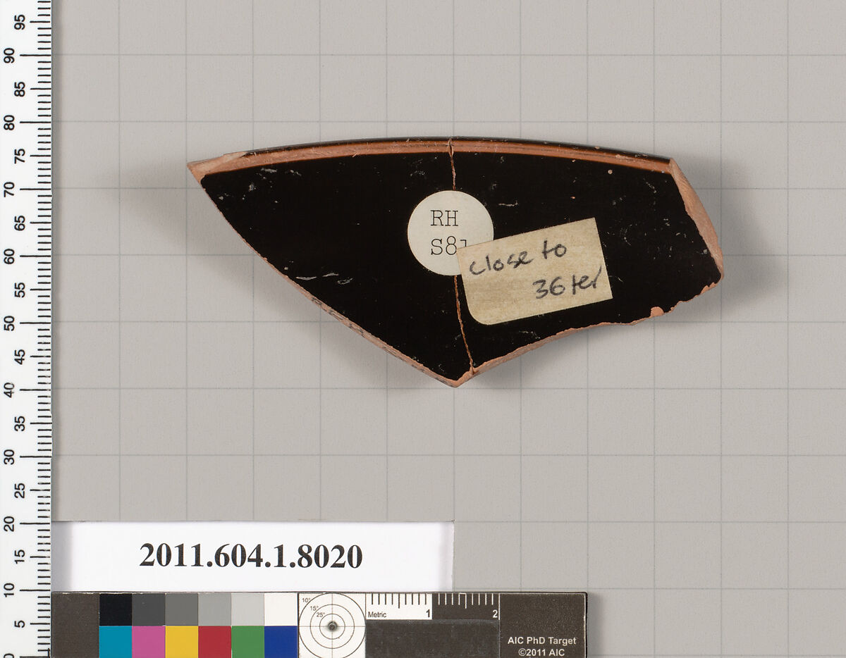 Terracotta rim fragment of a kylix (drinking cup), Attributed to the Triptolemos Painter [DvB], Terracotta, Greek, Attic
