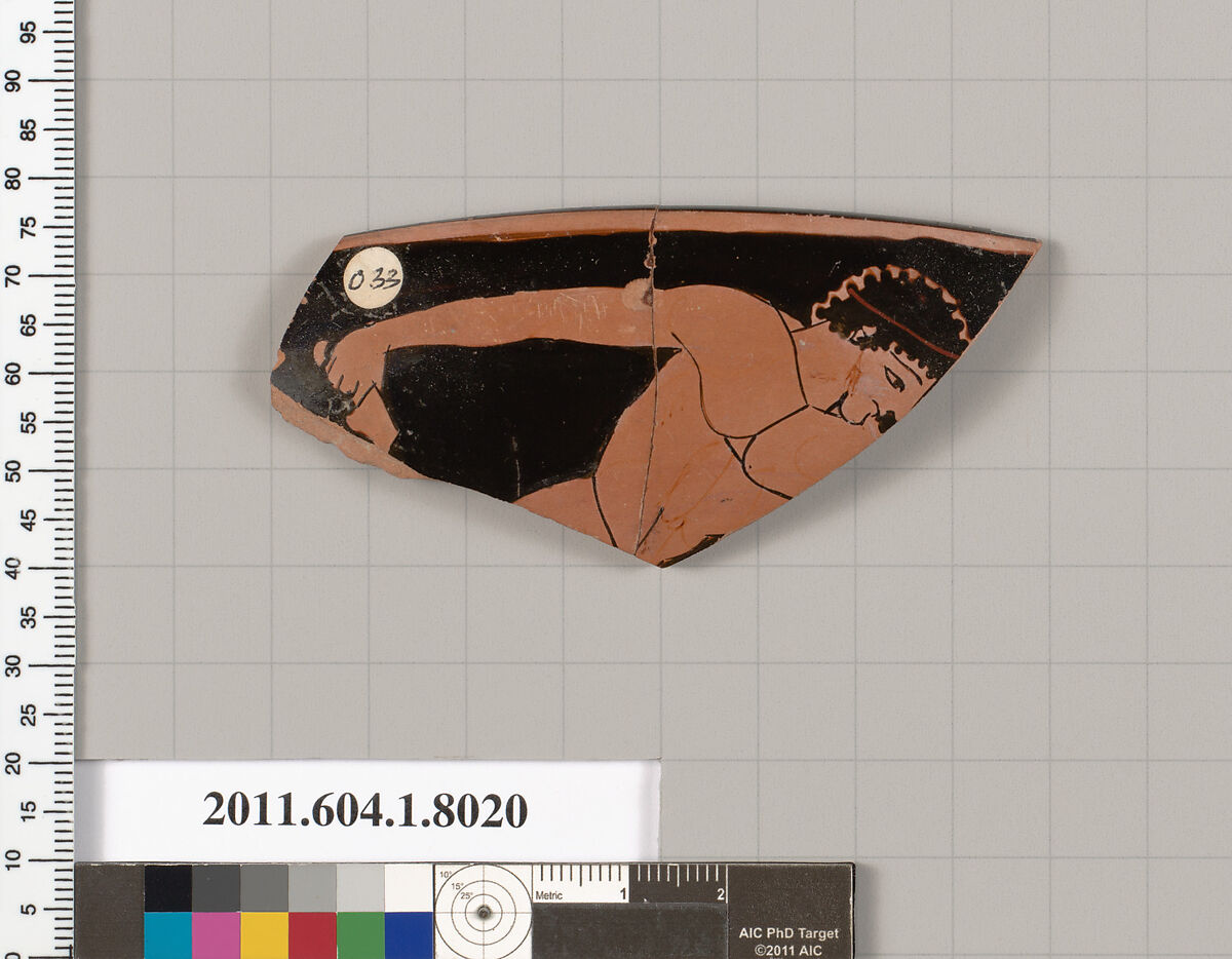 Terracotta rim fragment of a kylix (drinking cup), Attributed to the Triptolemos Painter [DvB], Terracotta, Greek, Attic 