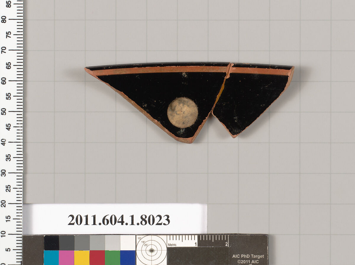Terracotta rim fragment of a kylix (drinking cup), Terracotta, Greek, Attic