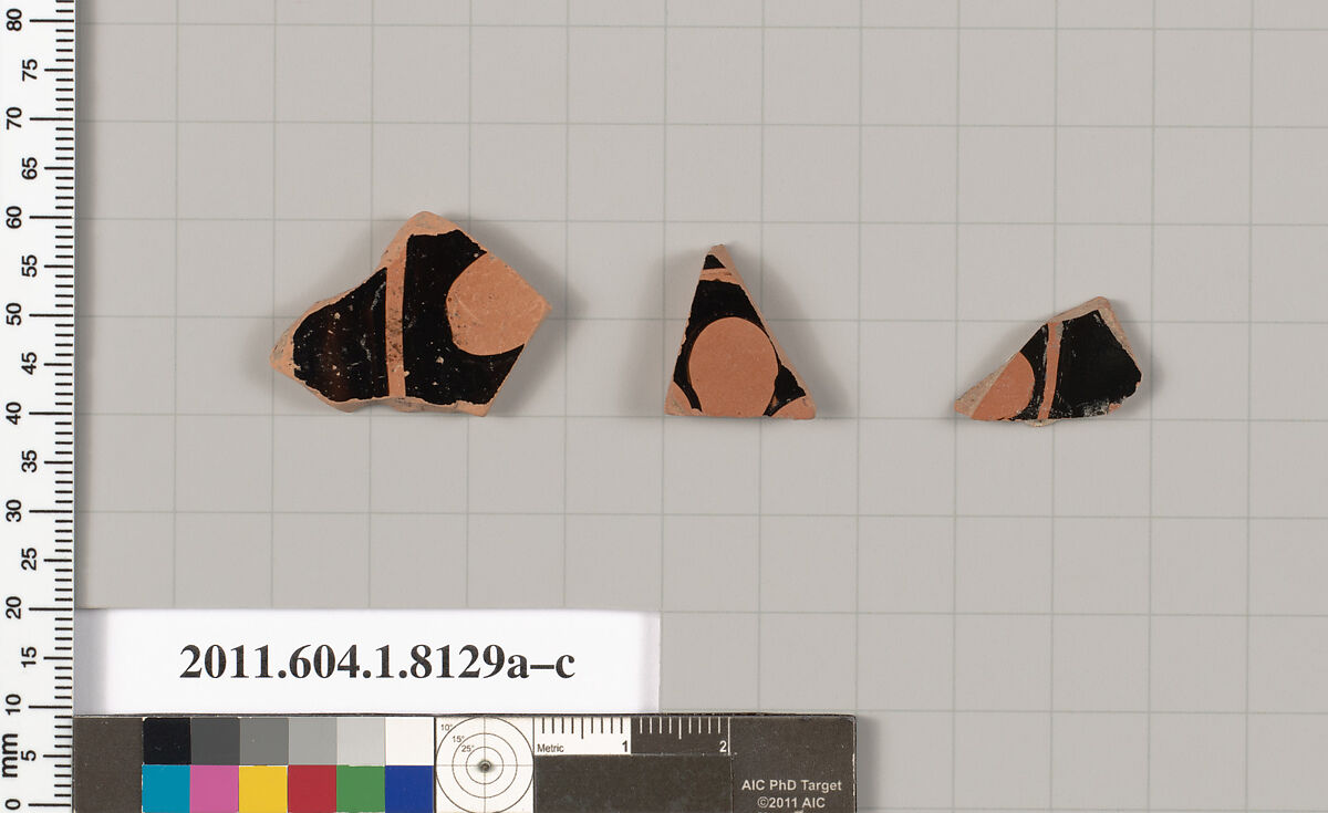 Terracotta fragments of kylikes (drinking cups), Terracotta, Greek, Attic 