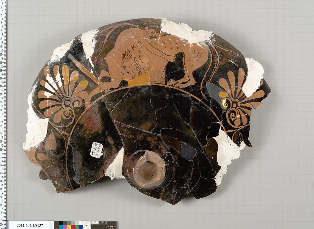 Terracotta fragment of a kylix (drinking cup), Terracotta, Greek, Attic