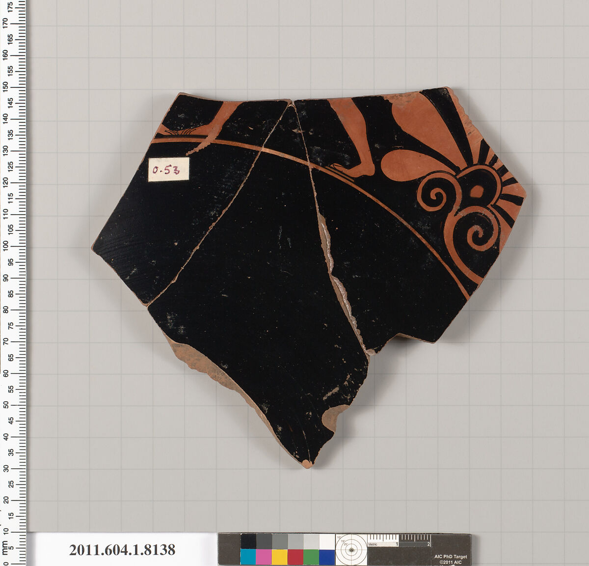 Terracotta fragment of a kylix (drinking cup), Terracotta, Greek, Attic