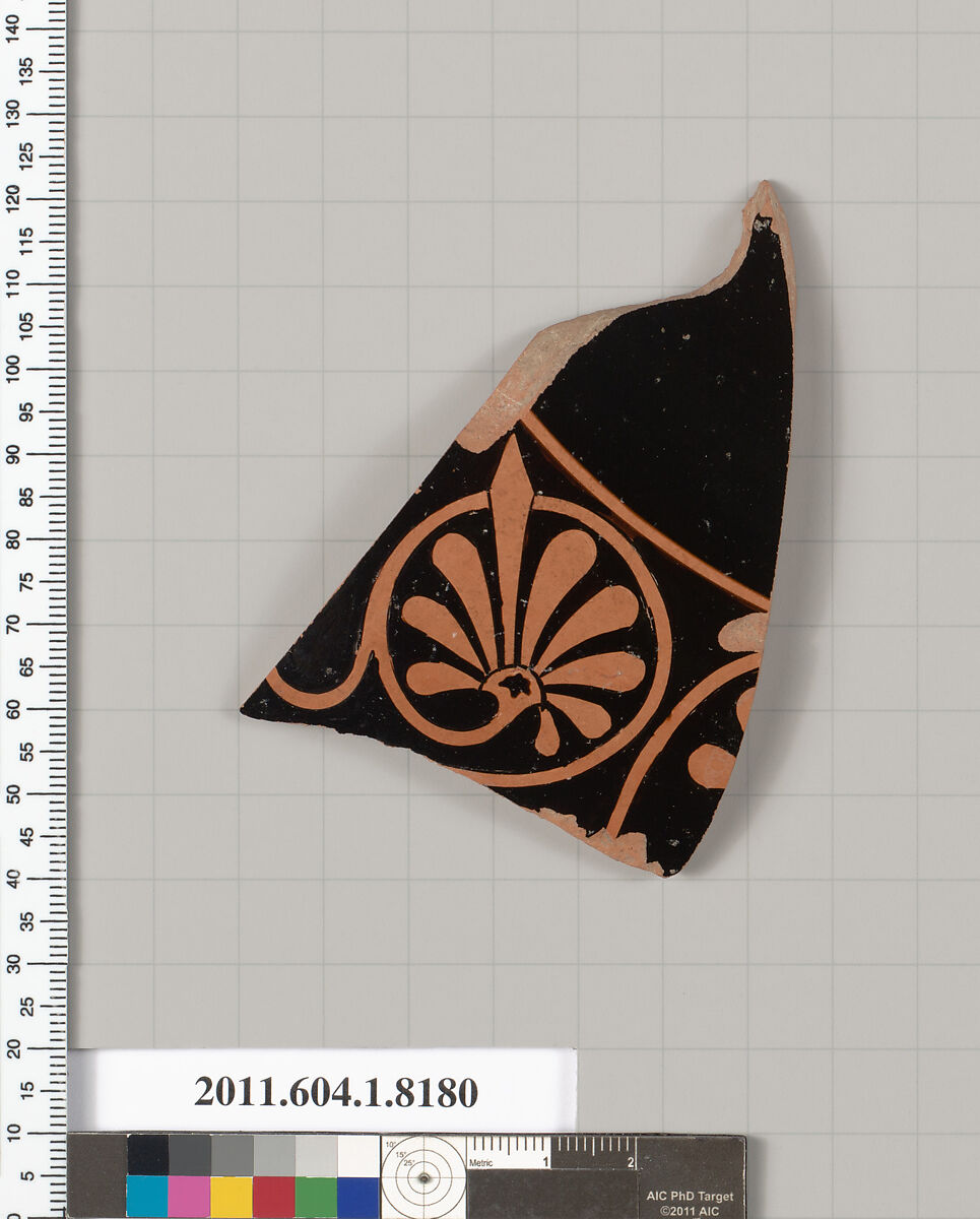 Terracotta fragment of a kylix (drinking cup), Terracotta, Greek, Attic