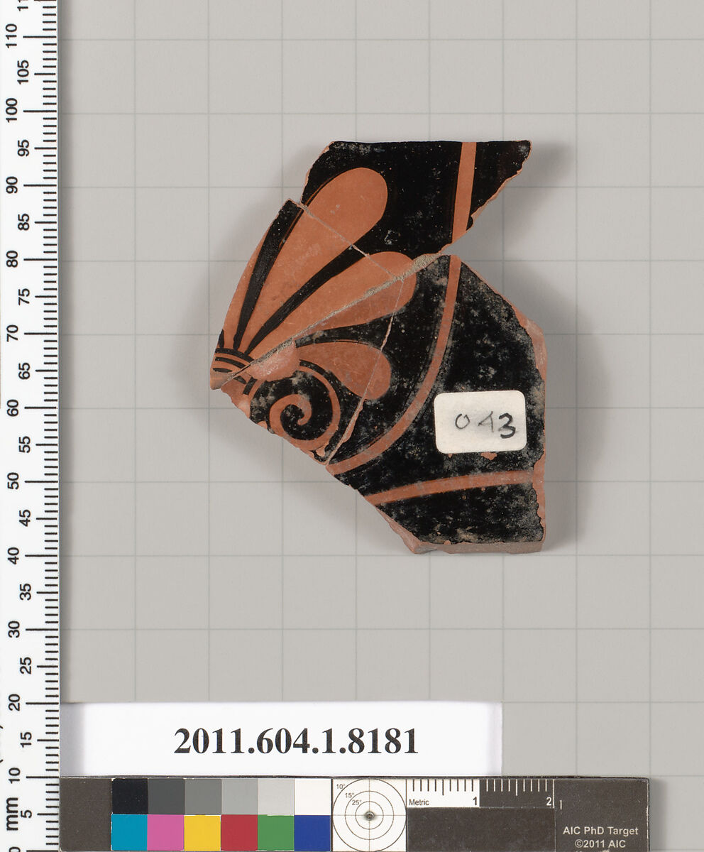 Terracotta fragment of a kylix (drinking cup), Terracotta, Greek, Attic 