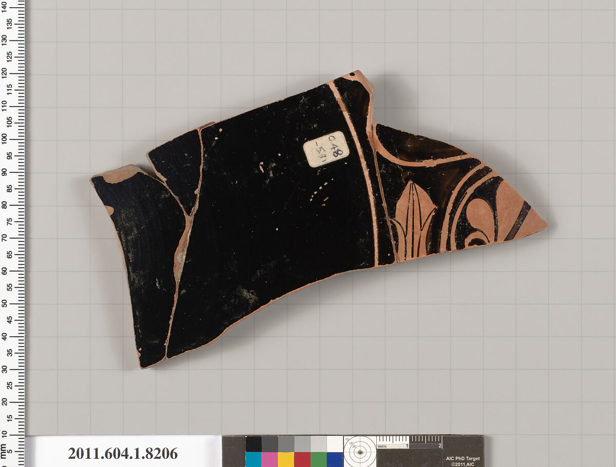 Terracotta fragment of a kylix (drinking cup), Terracotta, Greek, Attic
