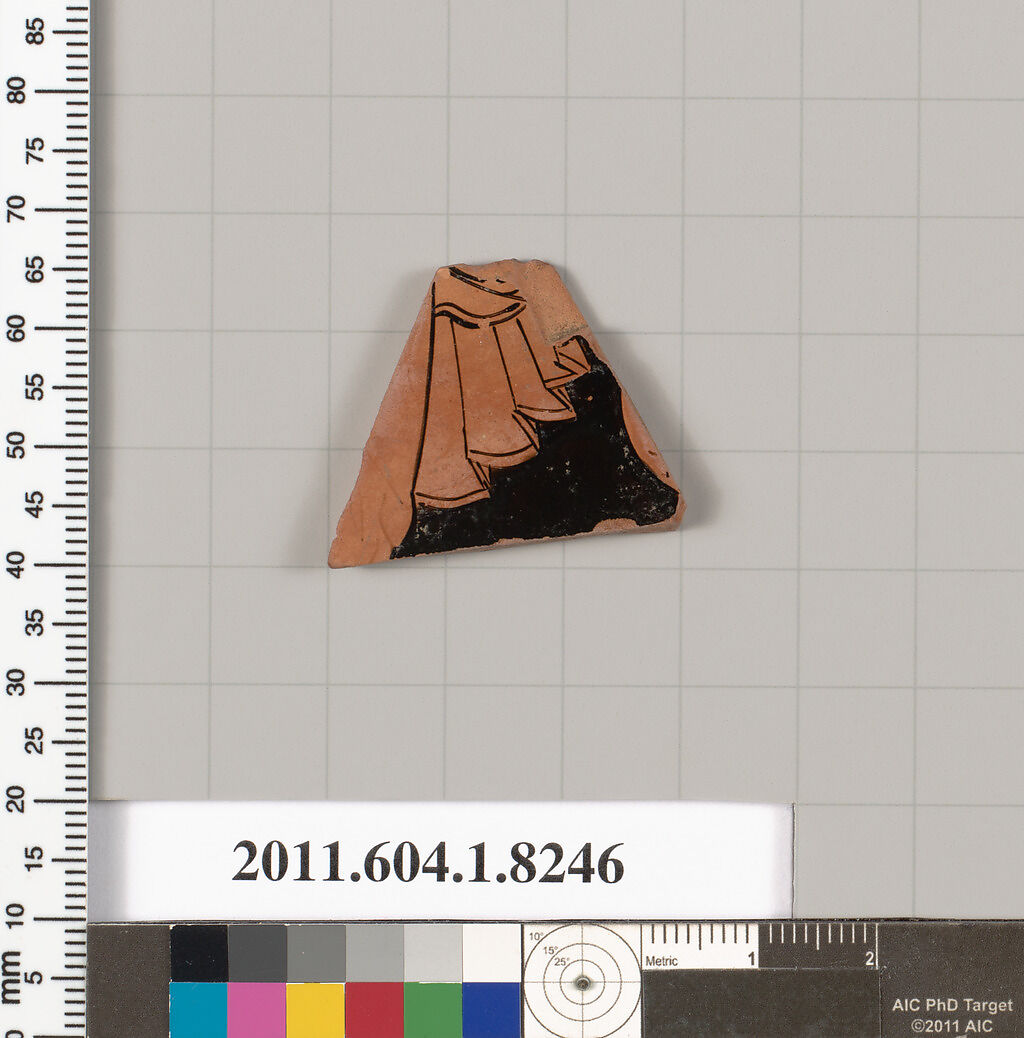 Terracotta fragment of a kylix (drinking cup), Terracotta, Greek, Attic 