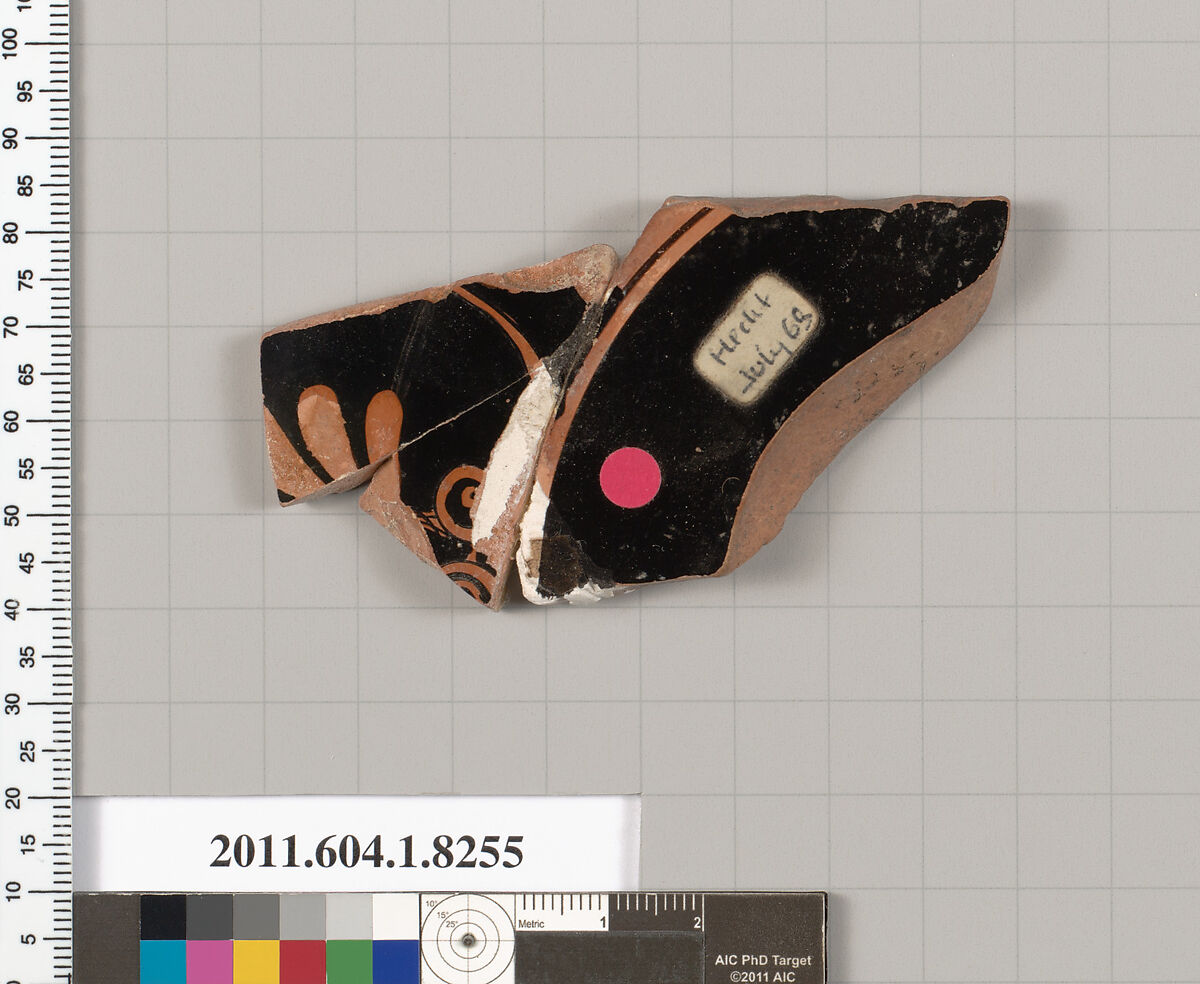 Terracotta fragment of a kylix (drinking cup), Terracotta, Greek, Attic