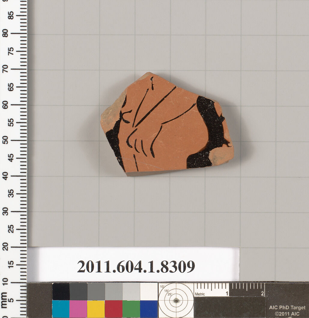 Terracotta fragment of a kylix (drinking cup), Terracotta, Greek, Attic