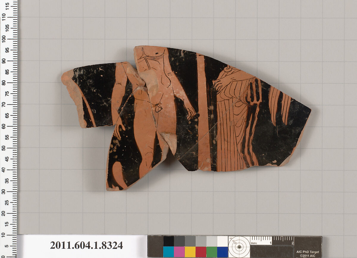 Terracotta fragment of a kylix (drinking cup), Terracotta, Greek, Attic