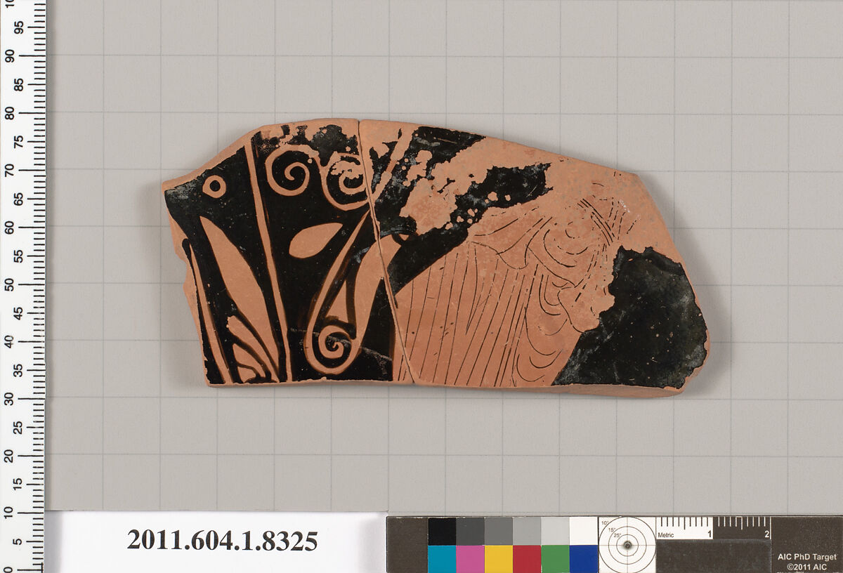 Terracotta fragment of a kylix (drinking cup), Terracotta, Greek, Attic