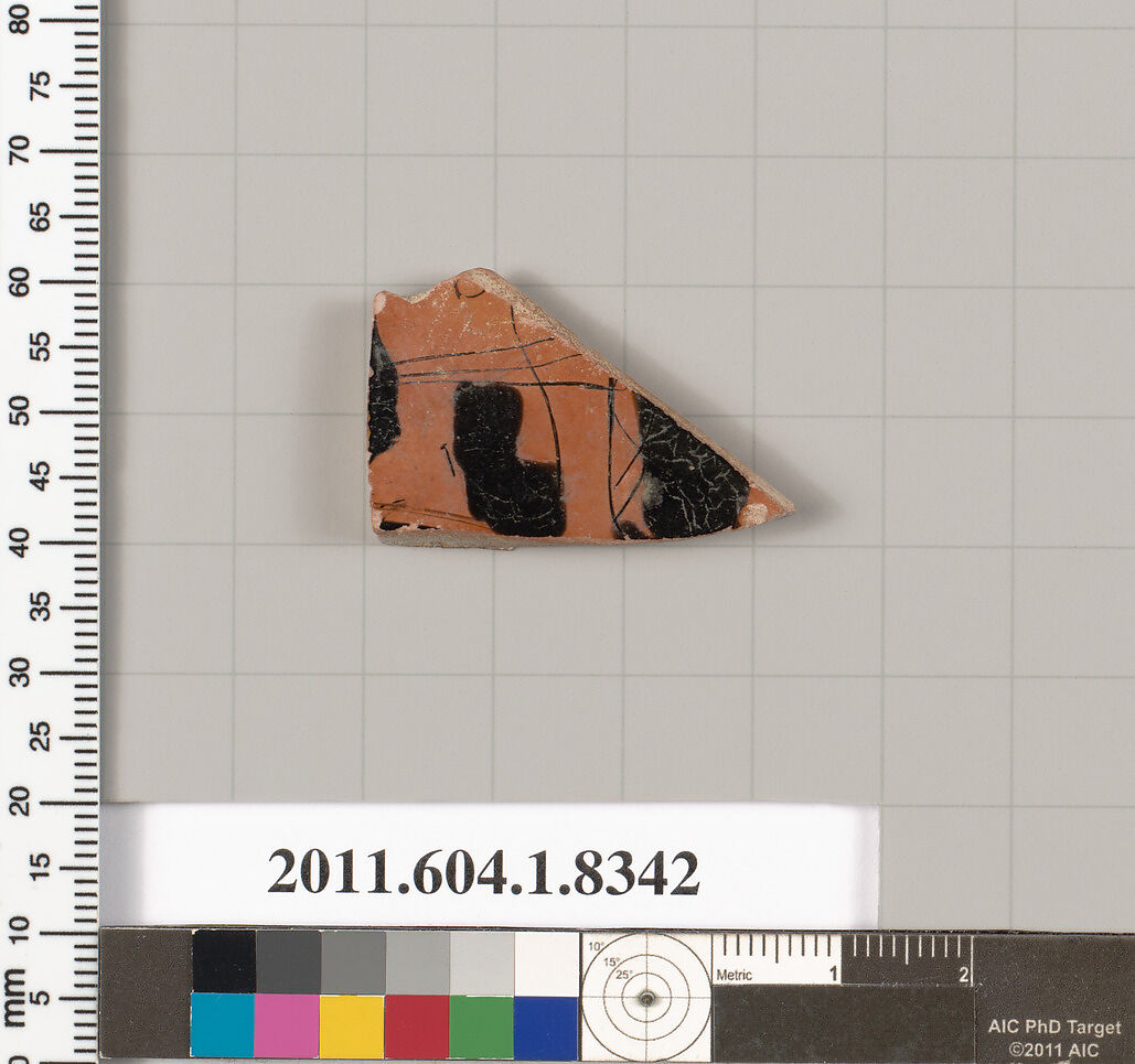 Terracotta fragment of a kylix (drinking cup), Terracotta, Greek, Attic