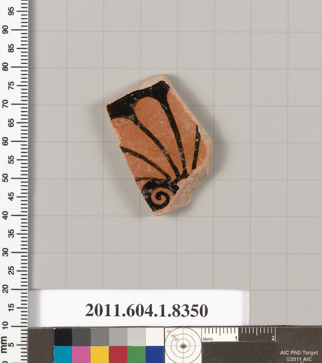 Terracotta fragment of a kylix (drinking cup), Terracotta, Greek, Attic