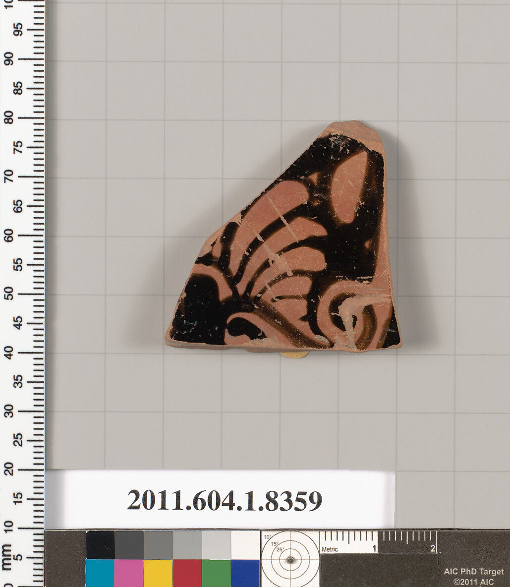 Terracotta fragment of a kylix (drinking cup), Terracotta, Greek, Attic