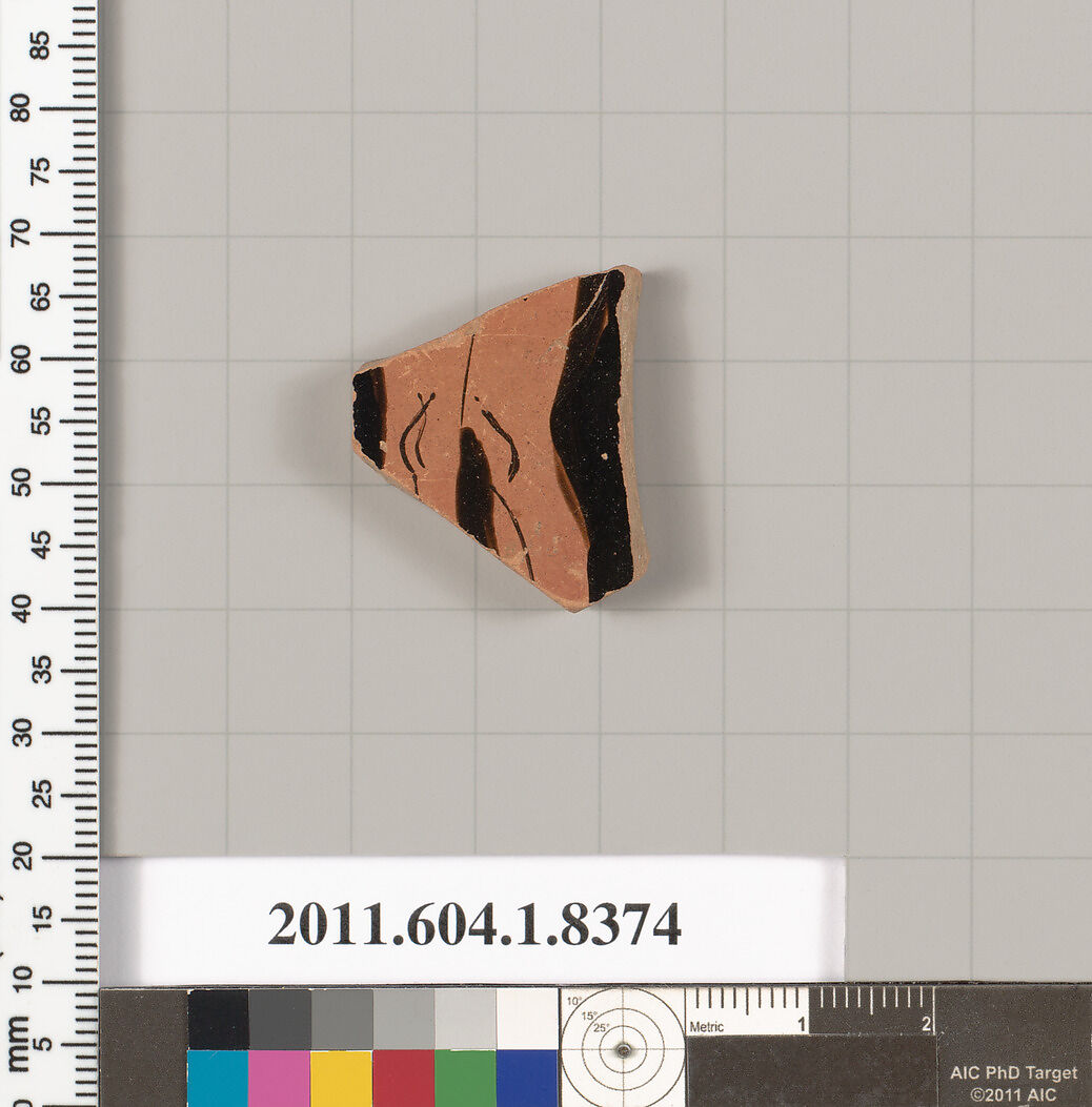 Terracotta fragment of a kylix (drinking cup), Terracotta, Greek, Attic