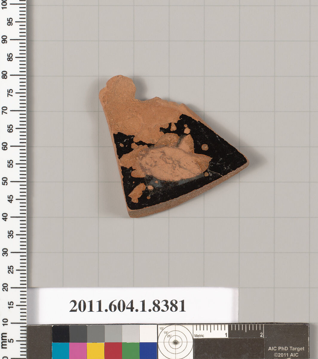 Terracotta fragment of a kylix (drinking cup), Terracotta, Greek, Attic