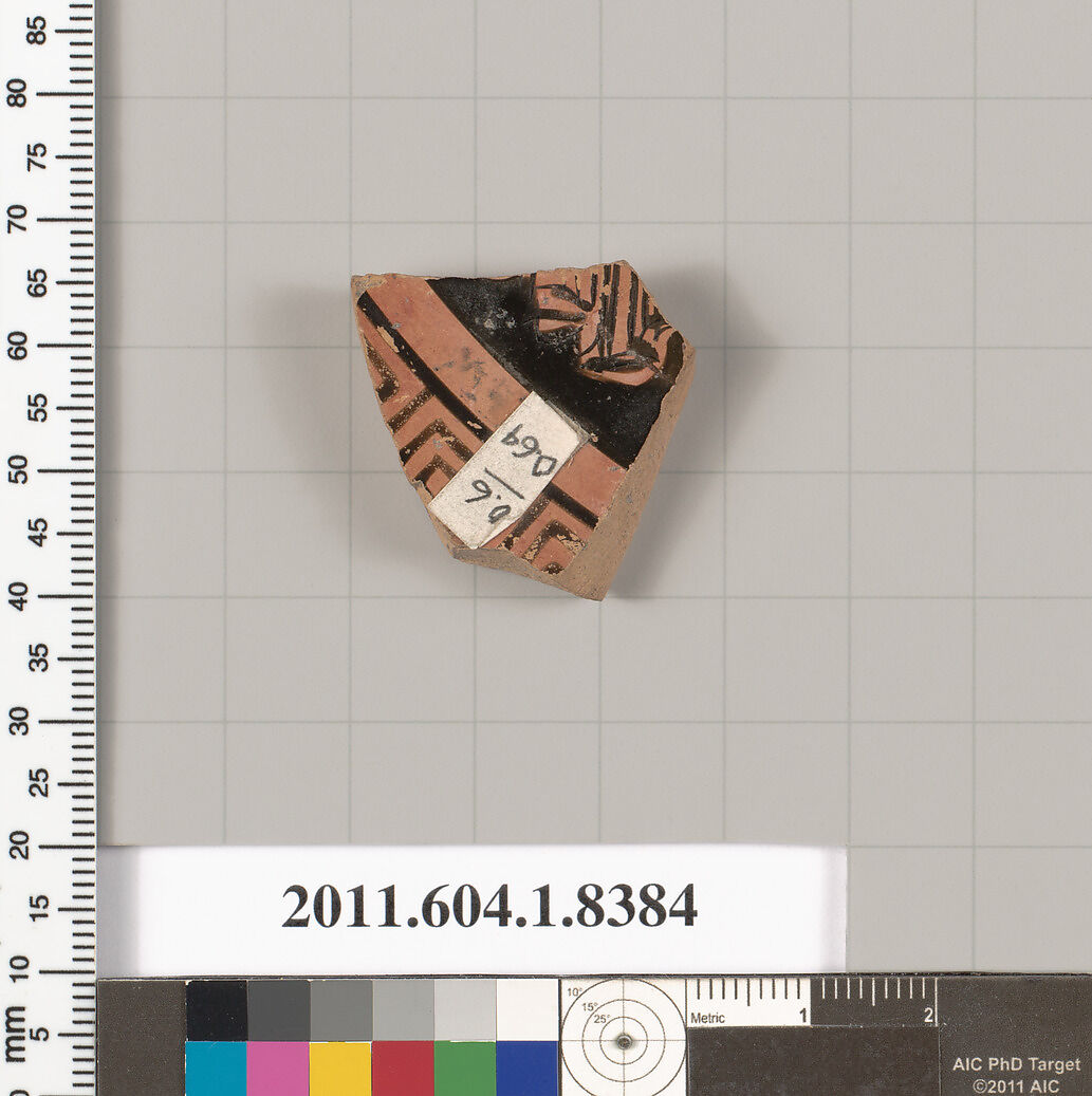 Terracotta fragment of a kylix (drinking cup), Terracotta, Greek, Attic 