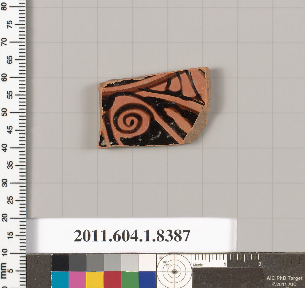 Terracotta fragment of a kylix (drinking cup), Terracotta, Greek, Attic