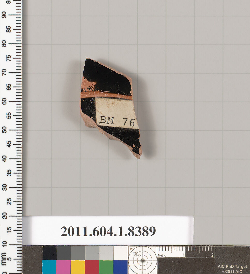 Terracotta fragment of a kylix (drinking cup), Terracotta, Greek, Attic
