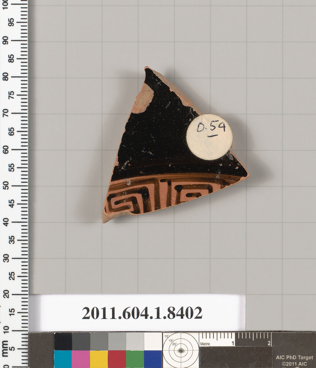 Terracotta fragment of a kylix (drinking cup), Terracotta, Greek, Attic 