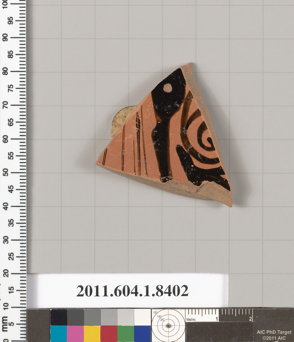 Terracotta fragment of a kylix (drinking cup), Terracotta, Greek, Attic