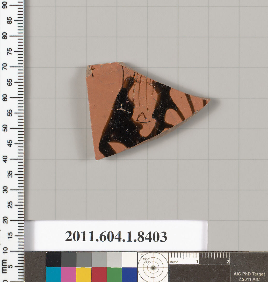 Terracotta fragment of a kylix (drinking cup), Terracotta, Greek, Attic