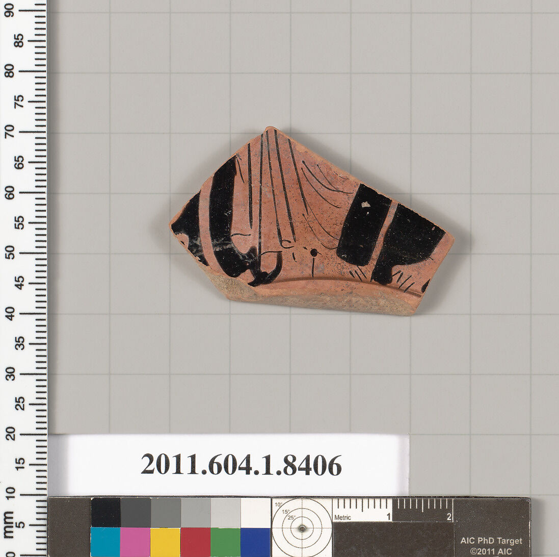 Terracotta fragment of a kylix (drinking cup), Terracotta, Greek, Attic
