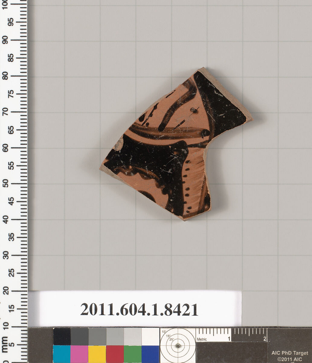 Terracotta fragment of a kylix (drinking cup), Terracotta, Greek, Attic 