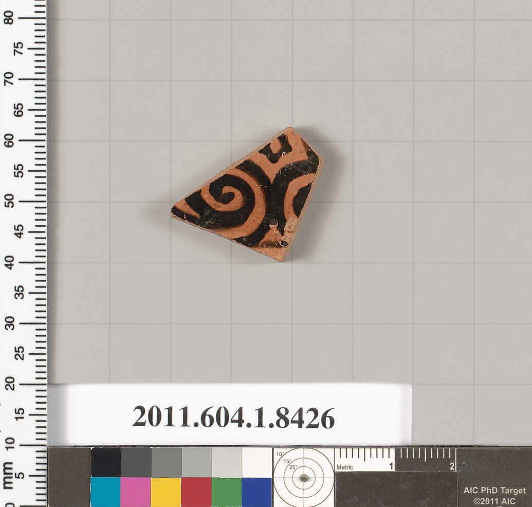 Terracotta fragment of a kylix (drinking cup), Terracotta, Greek, Attic