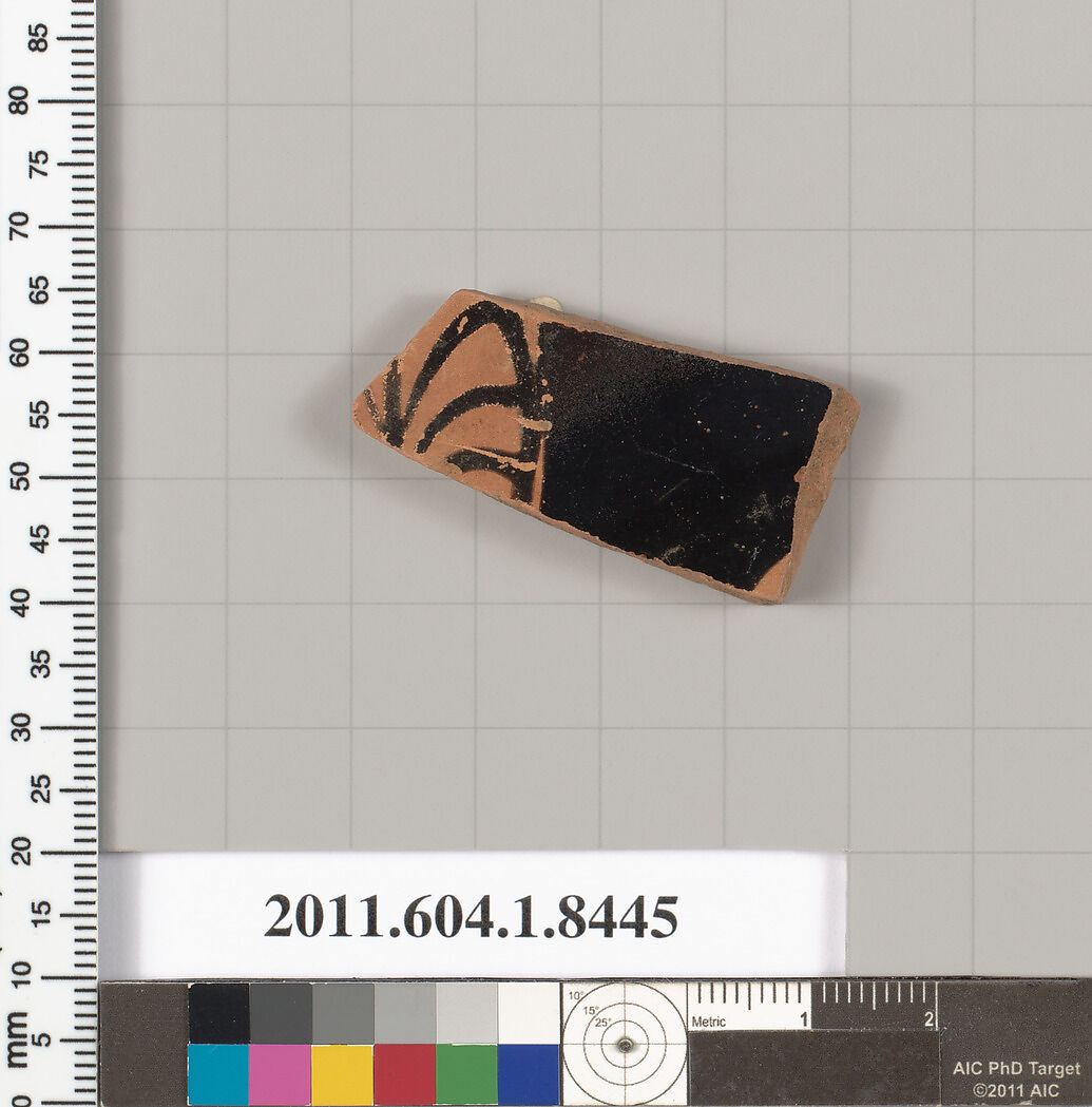 Terracotta fragment of a kylix (drinking cup), Terracotta, Greek, Attic
