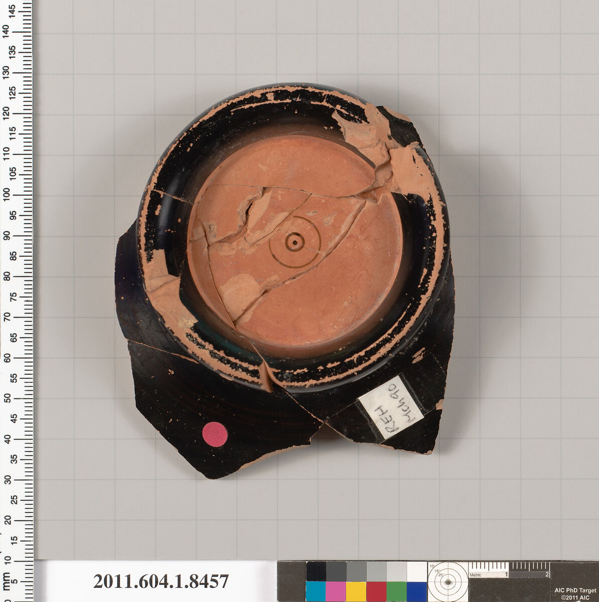 Terracotta fragment of a stemless kylix (drinking cup), Terracotta, Greek, Attic