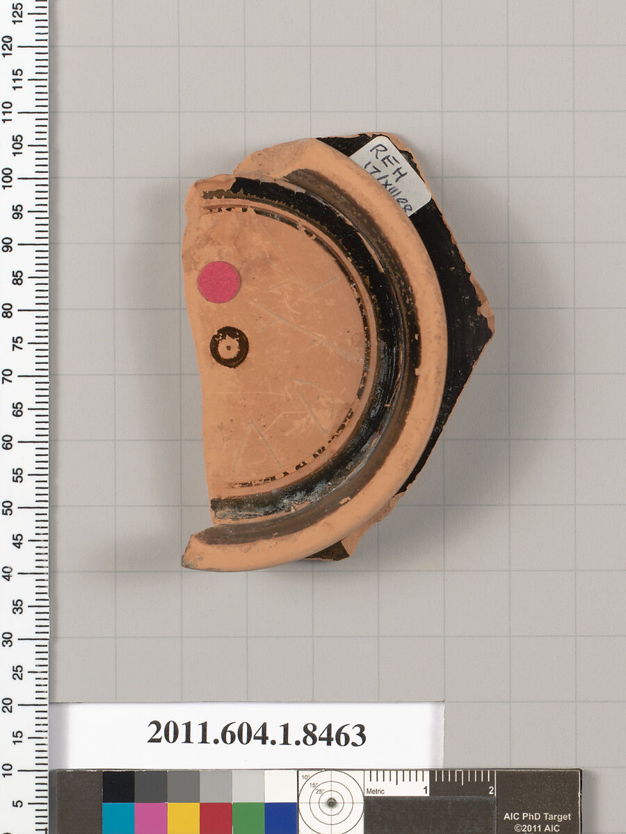 Terracotta fragment of a stemless kylix (drinking cup), Terracotta, Greek, Attic