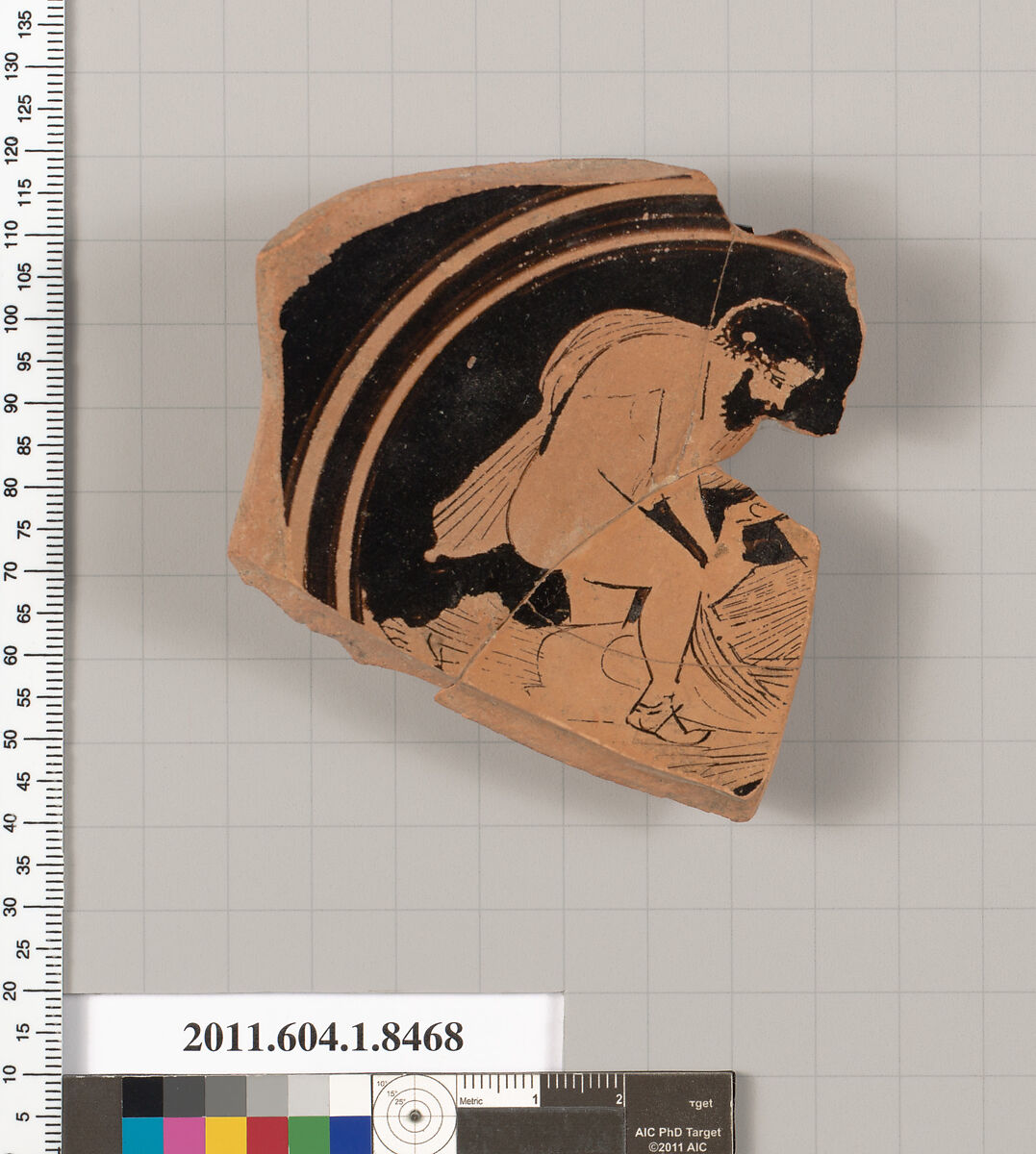 Terracotta fragment of a stemless kylix (drinking cup), Terracotta, Greek, Attic 